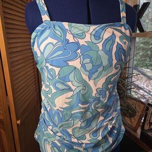 Vibrant Blue and Green Floral Tankini Top And Swim Skirt Bottom